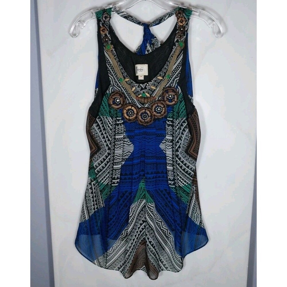 Beaded Boho Tunic Tank Top Womens 10 Sheer Overlay Geometric Halter Tie Neck